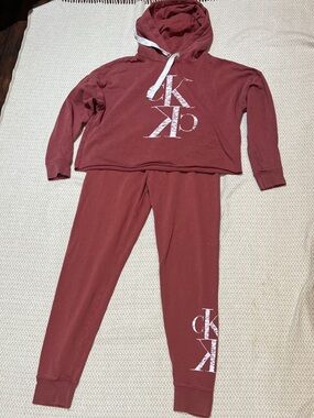Calvin Klein Maroon Crop Hoodie & Joggers Set